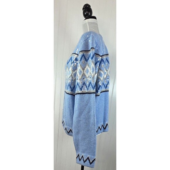 Loft Women's Sequin Fair Isle Cardigan Sweater Blue Shimmery Winter Holidays XXL - Picture 5 of 15